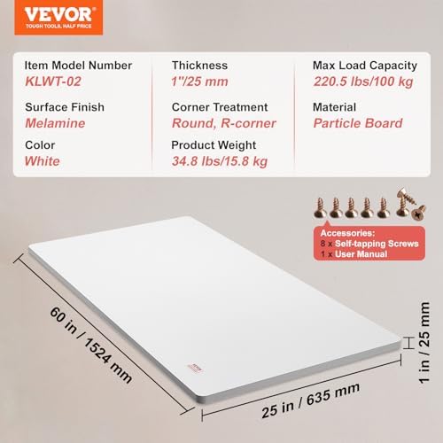 VEVOR Table Top 55" x 28" x 1", Universal Solid One-Piece Particle Board Desk Top for Sit and Stand, Height Adjustable Desk Frame, Rectangular Countertop for Home and Office, White