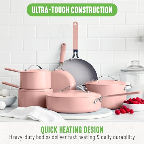 GreenLife Dream 10-Piece Ceramic Nonstick Cookware Set, Pots Frying & Sauce Pans, PFAS-Free & PFOA-Free, Dishwasher & Oven Safe, Stay-Cool Handles, Durable Aluminum Body, Versatile Cooking, Dusty Rose