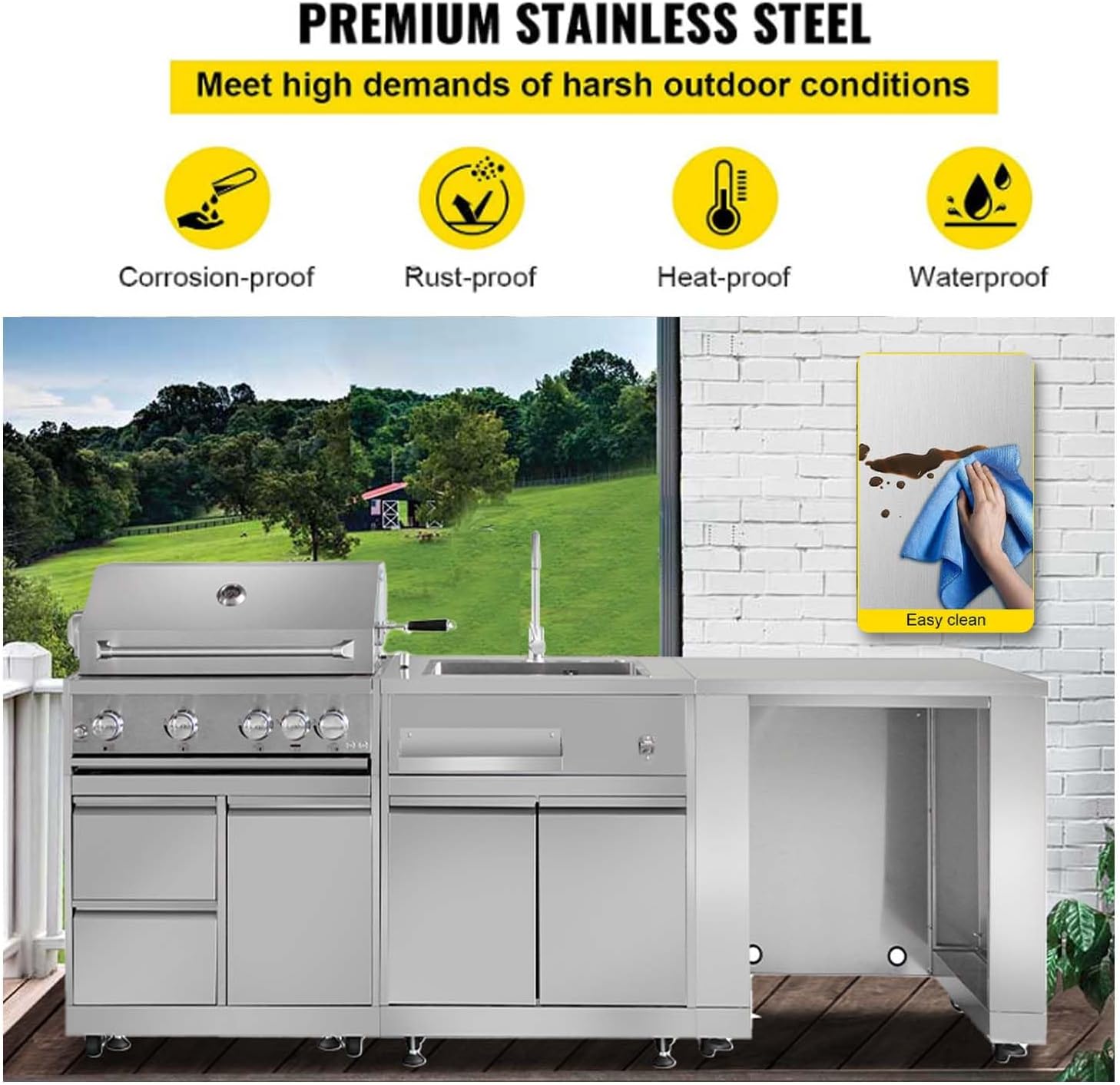 SINDA 4 Piece Outdoor Kitchen Package, BBQ Grill Cabinet, 4 Burner Built-in Propane Gas Grill, Kitchen Sink Cabinet, Appliance Cabinet in Stainless Steel, Best of Backyard Package Deal