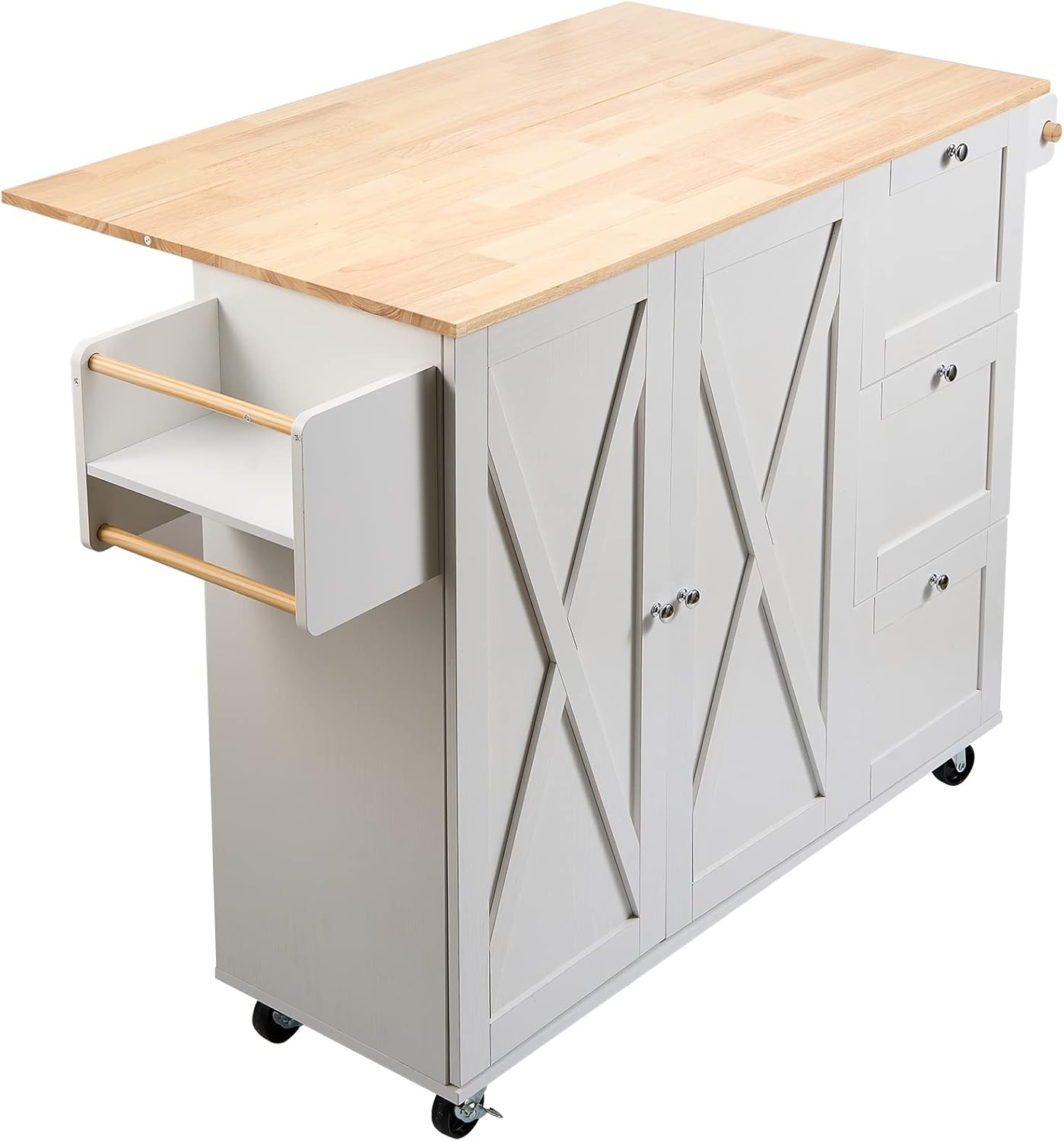 VEVOR Kitchen Island Cart with Solid Wood Top, 45.3" Width Mobile Carts with Storage Cabinet, Rolling Kitchen Table with Spice Rack, Towel Rack, Drop Leaf and Drawer, Portable Islands on Wheels, White