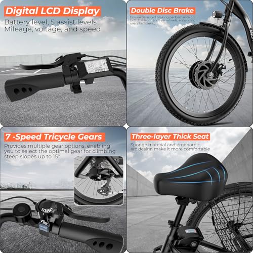 ANCHEER Electric Tricycle for Adults, 350W(Peak 550W) Etrike, 48V/499Wh Ebike, 24" Folding 3 Wheel Electric Trike, 15.5MPH & 55Miles Electric Bike, Rear Differential, Rear Basket