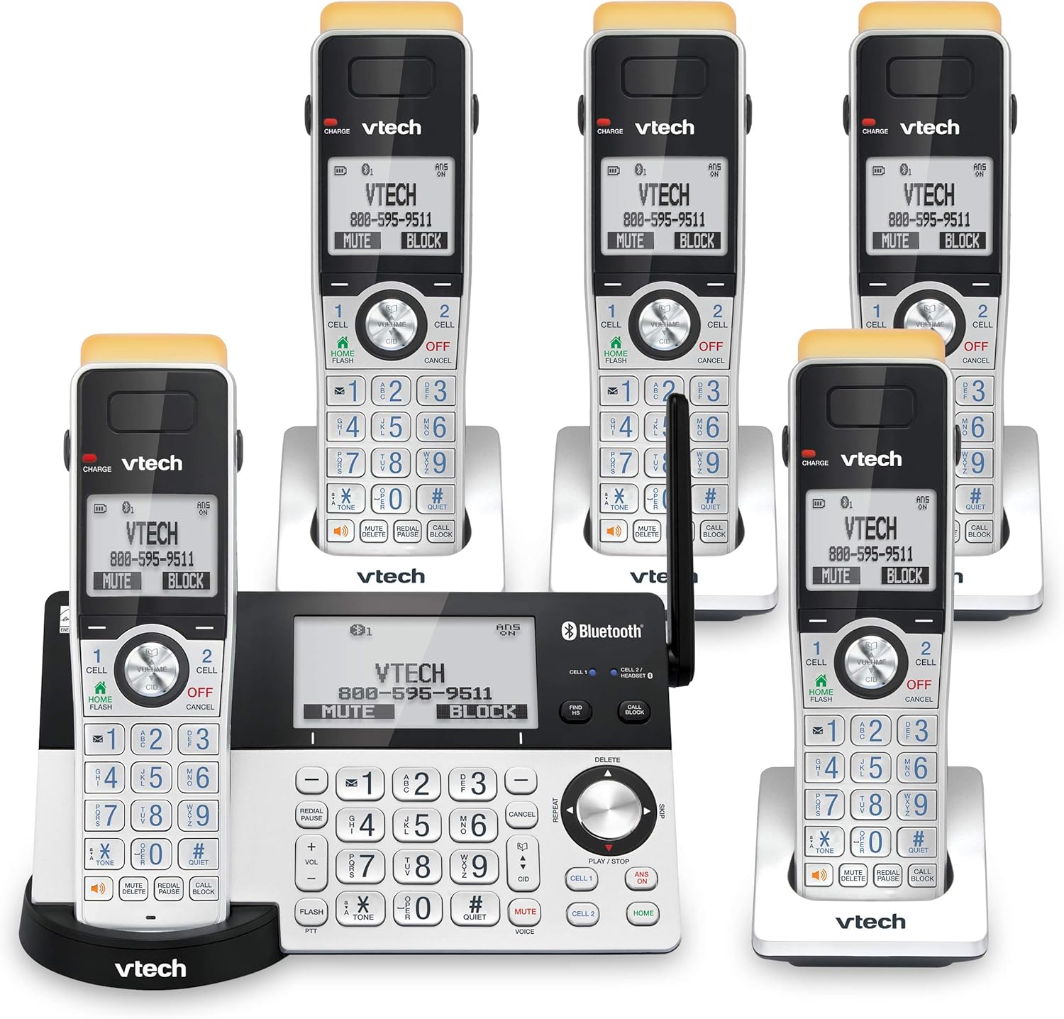 VTech IS8151-5 Super Long Range 5 Handset DECT 6.0 Cordless Phone for Home with Answering Machine, 2300 ft Range, Call Blocking, Bluetooth, Headset Jack, Power Backup, Intercom, Expandable to 12 HS