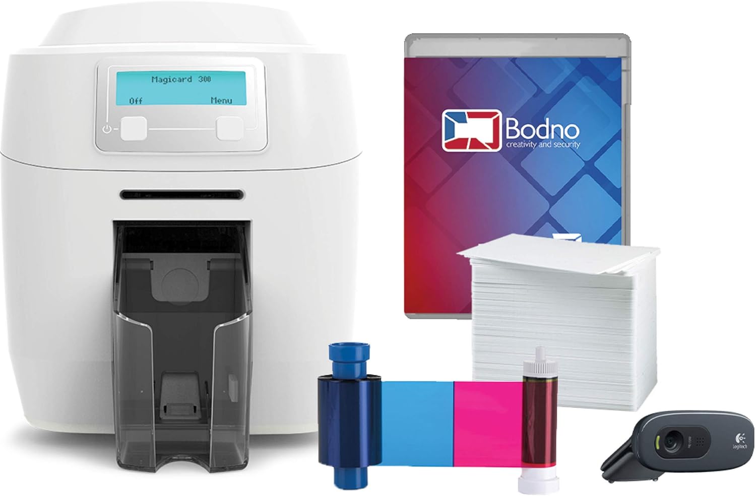 Magicard 300 Single Sided ID Card Printer & Complete Supplies Package with Bodno ID Software - Silver Edition