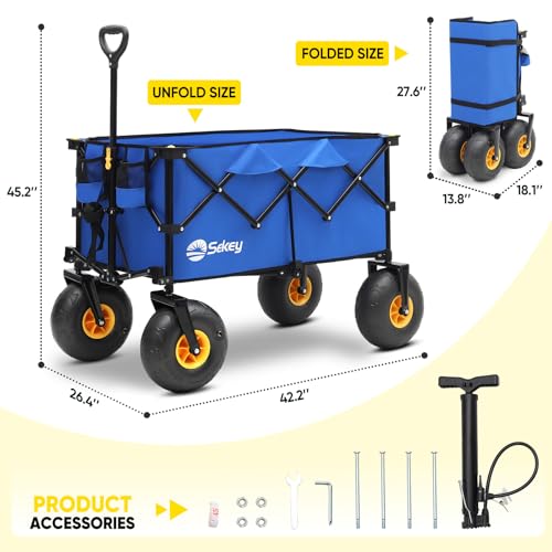 Heavy Duty Beach Wagon with 9" Big Sand-Proof Wheels – 440lb Capacity, Sekey 200L Oversized Foldable Cart | Adjustable Handle & All-Terrain Tires for Sand, Camping, Groceries. Blue&White