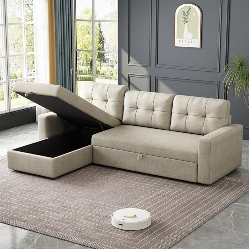 81.5'' L-Shape Sleeper Sectional Sofa with Storage Chaise and Pull-Out Bed, Living Room Convertible Couch Bed,W/ 3 Back Cushions & Breathable fabric,for Apartment,Office,(Beige)