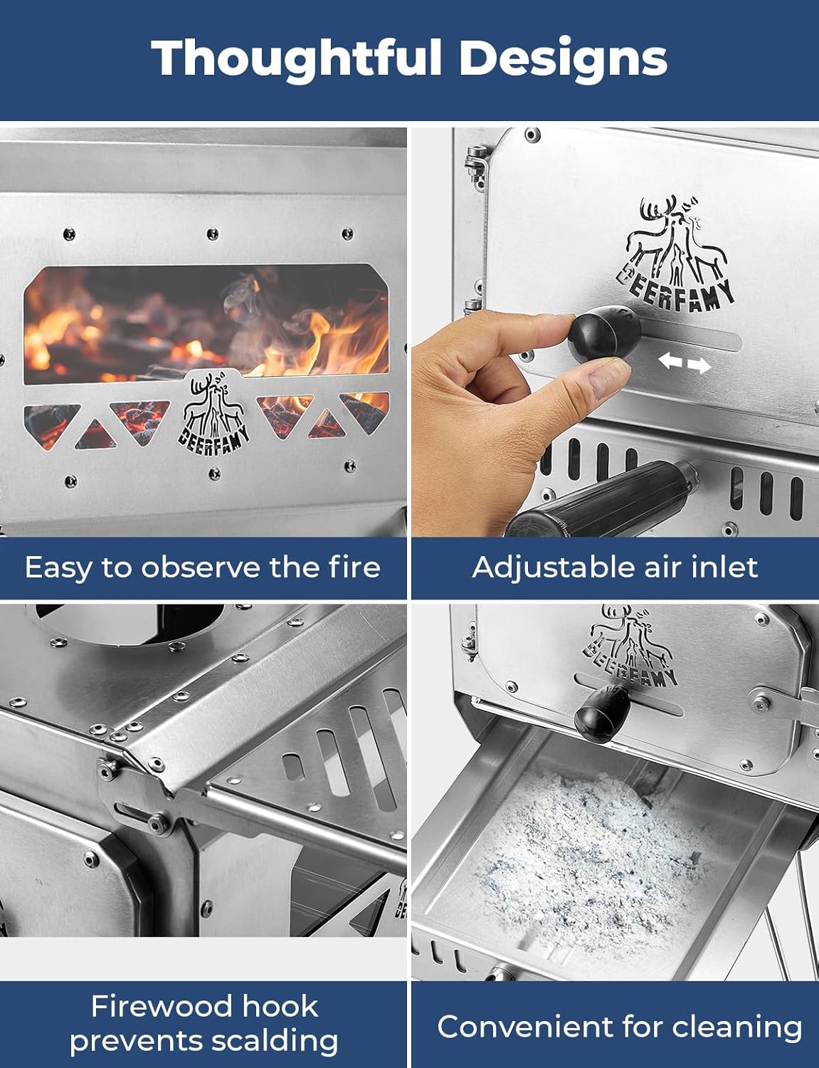DEERFAMY Tent Stove, Portable Hot Tent Stove, Small Stainless Steel Camping Tent Stove with 6 Chimney Pipes for Outdoor Heating and Cooking