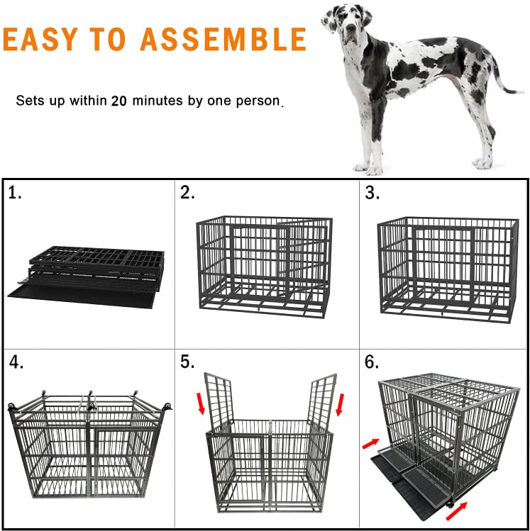 54/48/38 inch Heavy Duty Indestructible and Escape-Proof Dog Crate Cage Kennel for Large Dogs, High Anxiety Dog Crate with Removable Crate Trays, Wheels and Double Door, Extra Large XL XXL