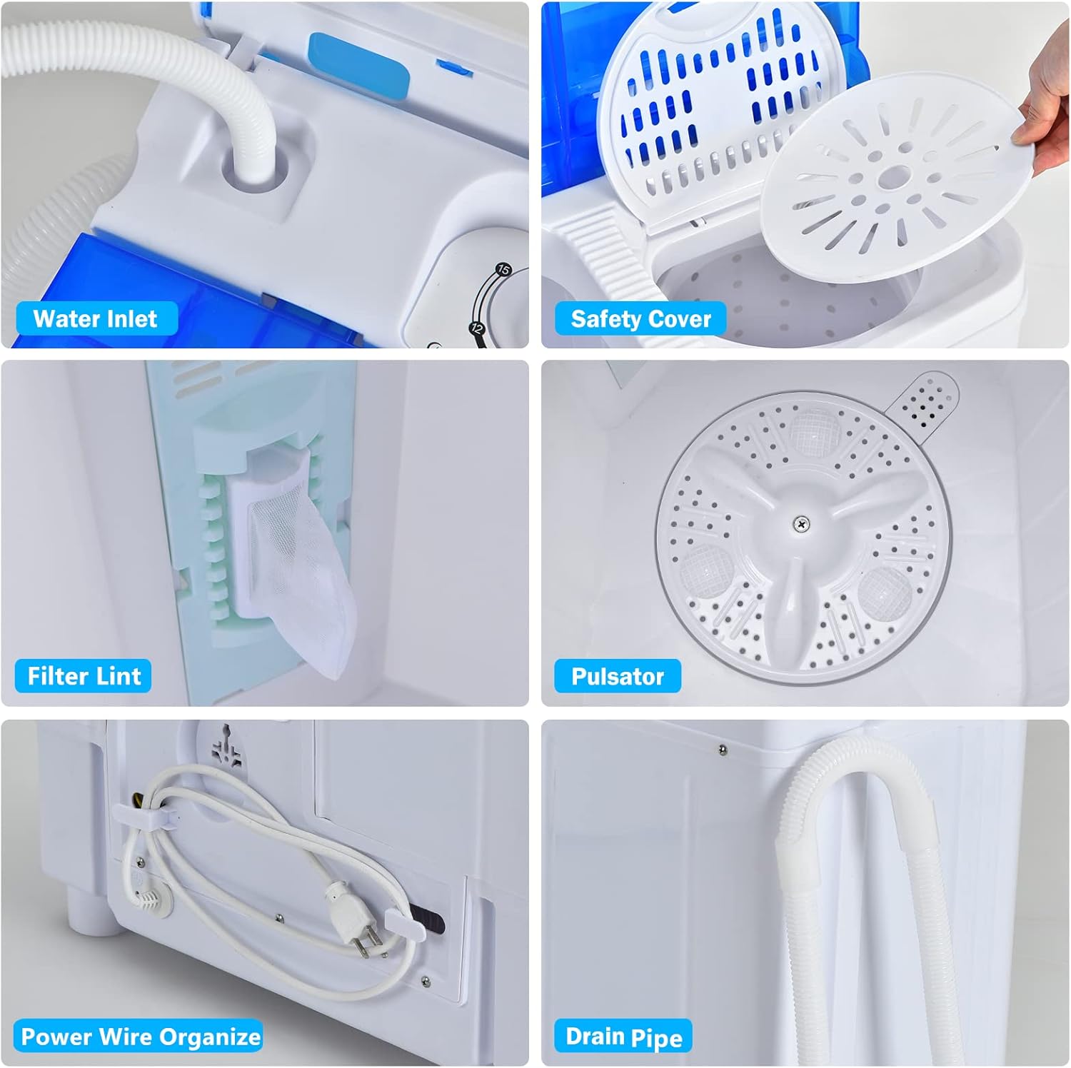 ARLIME Portable Twin Tub Washing Machine Wash & Spin Cycle Dryer, 13Lbs Mini Laundry Machine & Spinner Dryer Combo w/Drain Pump & Long Hose, Time Control Compact Washer for Apartments, Dorms, RV