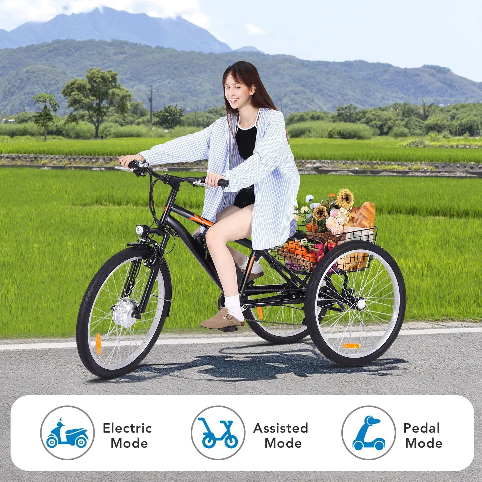Soonbuy Electric Tricycle 24 Electric Trike, 7 Speeds Motorized Three Wheel Electric Bicycle, 3 Wheels Adult Electric Tricycle with Large Basket,Orange