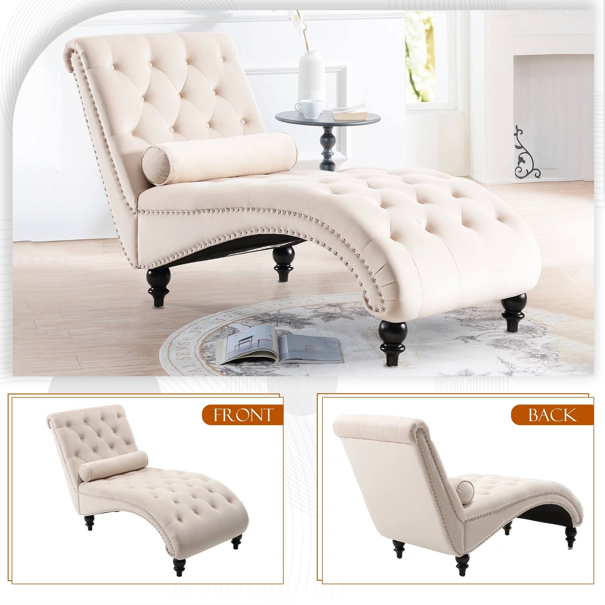 KINFFICT Velvet Chaise Lounge Indoor, Tufted lounge chair with Wood Legs, Leisure Accent Chair Upholstered Lounge Couch for Bedrooom Living Room, Beige