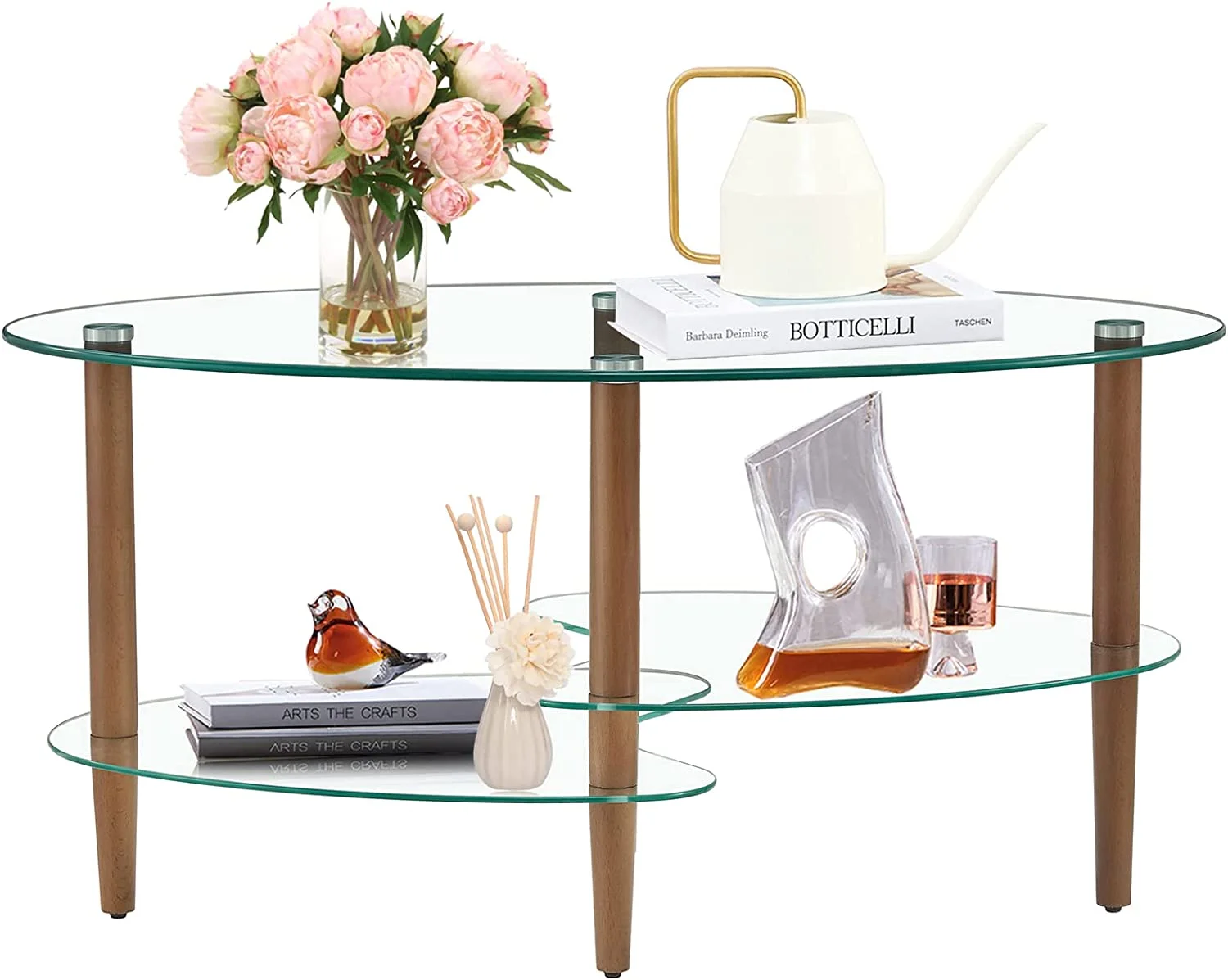 Glass Coffee Table  Oval Glass Coffee Table  Transparent Glass Coffee Table  Oak Wood Leg Tea Table  3-Layer Glass Table  Living Room   Suitable for Waiting Room  Living Room