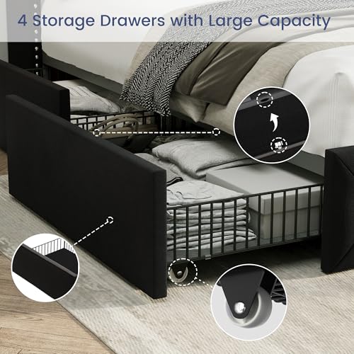 Bed Frame King Size with Storage Drawers and Tufted Headboard, Velvet Upholstered Platform Bed Wingback Bed Frame with Wood Slats, No Box Spring Needed, Black