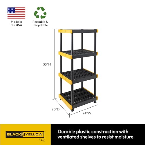 BLACK & YELLOW® 4-Tier Heavy Duty Plastic Storage Shelving Unit, 100lbs/shelf (55”H x 24”W x 20”D), for Indoor/Outdoor Organization, Modular Rack, Extremely Durable®, Made in The USA [2 Pack]