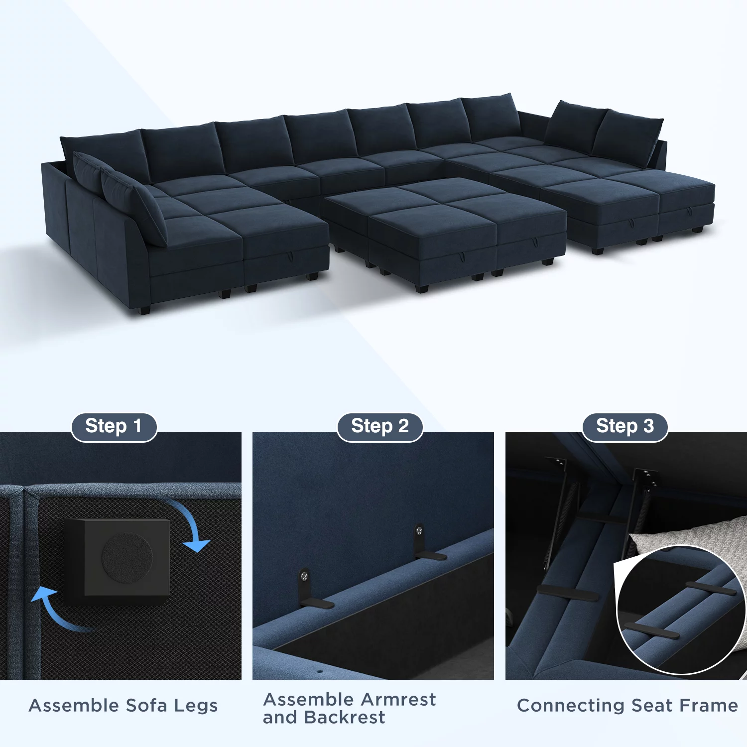HONBAY Velvet Large Living Room Furniture Sofa Sleeper Bed Couch Set, Navy Blue