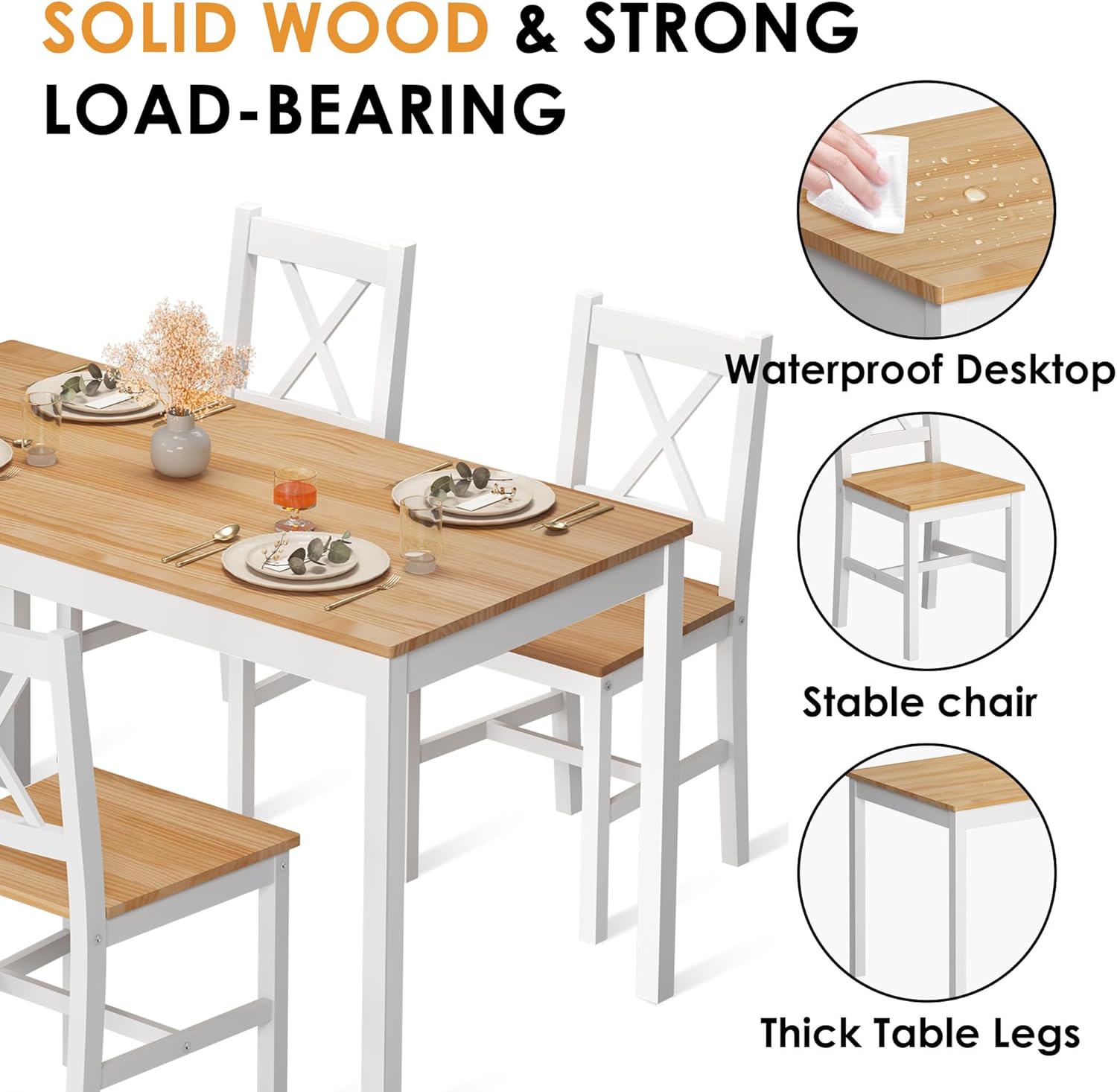 sogesfurniture 47.2" 4-Person Dining Table Set, 5 Pieces Pine Wood Kitchen Table with 4 Chairs,Indoor Modern Rectangular Dining Table Furniture Set for Kitchen, Dining Room, Dinette, Breakfast Nook