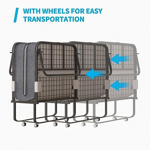 Mjkone Folding Bed with 5 Inch Memory Foam Mattress, Single Rollaway Bed for Guests, Space Saving Portable Bed with Lockable Wheels, Easy Assembly & Moving, 75 x 46 (Upgraded)