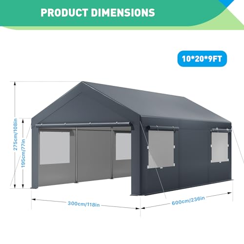 10x20FT Heavy Duty Carport, Portable Garage with Sidewalls, Doors and Ventilated Windows, UV Resistant and Waterproof, Carports 10x20 Heavy Duty for Car, Bike, Boat, Party (Gray)