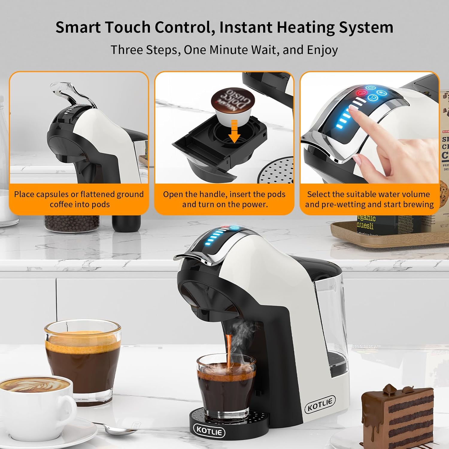 KOTLIE Cappuccino&Latte Maker, 19Bar Espresso Machine, Single-Serve Coffee Maker for Dolce Gusto/Nespresso Original/Kcup/Starbucks Tea and Milk Capsules/Ground Coffee/44mm ESE, Hot&Cold Brewing(White)