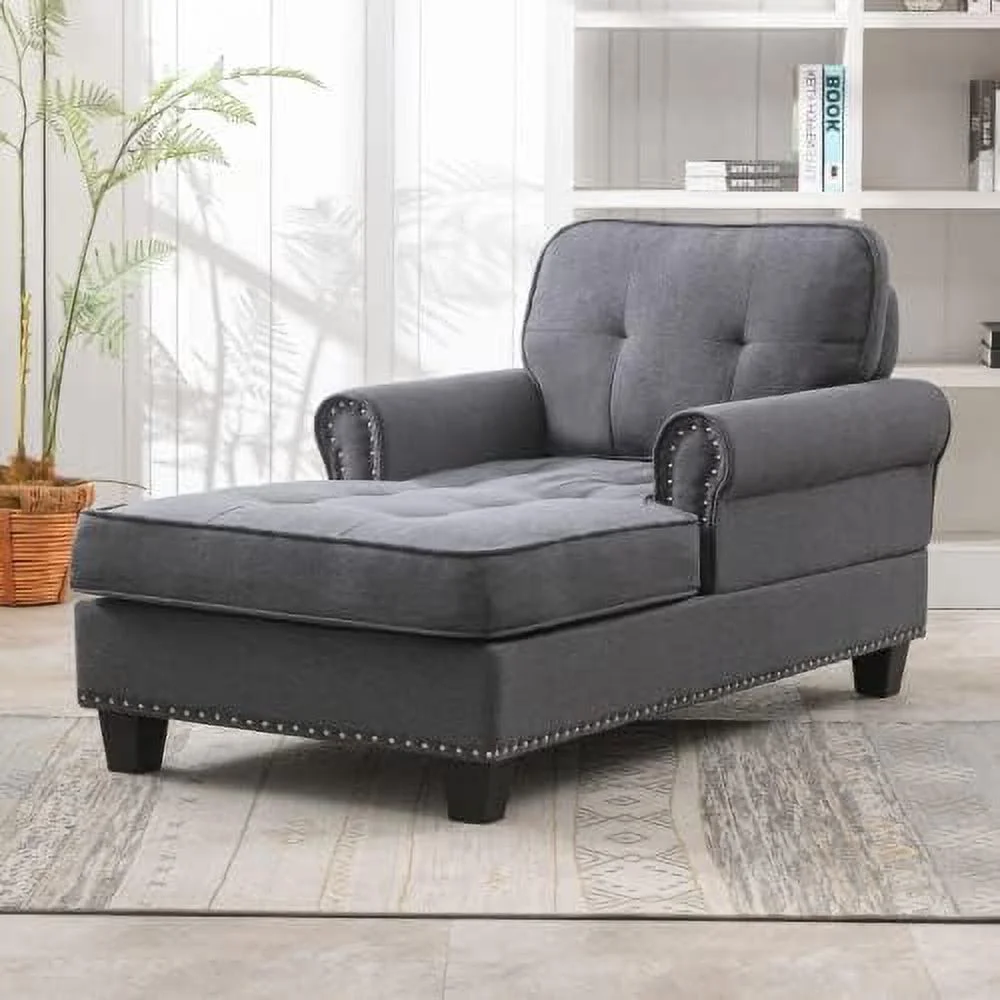 RUNFAYBIU Chaise Lounge Sofa Couch Linen Chaise Sofa Bed Bench with Tufted Back  Mid-Century Sleeper Sofa Chair Bed for Small Place/Apartment/Living Room/Office/Studio (Dark Gray)