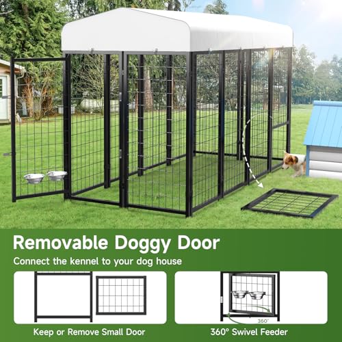 SINO LUBAN Outdoor Dog Kennel Outside Run with Doggy Door, Swivel Feeder&Roof - 8x4x6 Large Dog Kennels Pens Outside for Large Dogs Breed-Heavy Duty Cage Enclosure Yard (Can Connect to Your Dog House)
