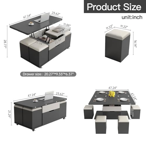 Lift Top Coffee Table with 4 Seats, 3 in 1 Mutifunction Center Table with Storage Pu Stools,Coffee Table Converts to Dining Table for Kitchen, Living Room, Bedroom