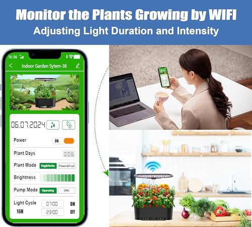 Hydroponics Growing System WiFi Control, 15 Pods Indoor Herb Garden with Grow Light, Hydroponic Growing System Automatic Timer, 30 Inches Height Adjustable Indoor Gardening System-Black