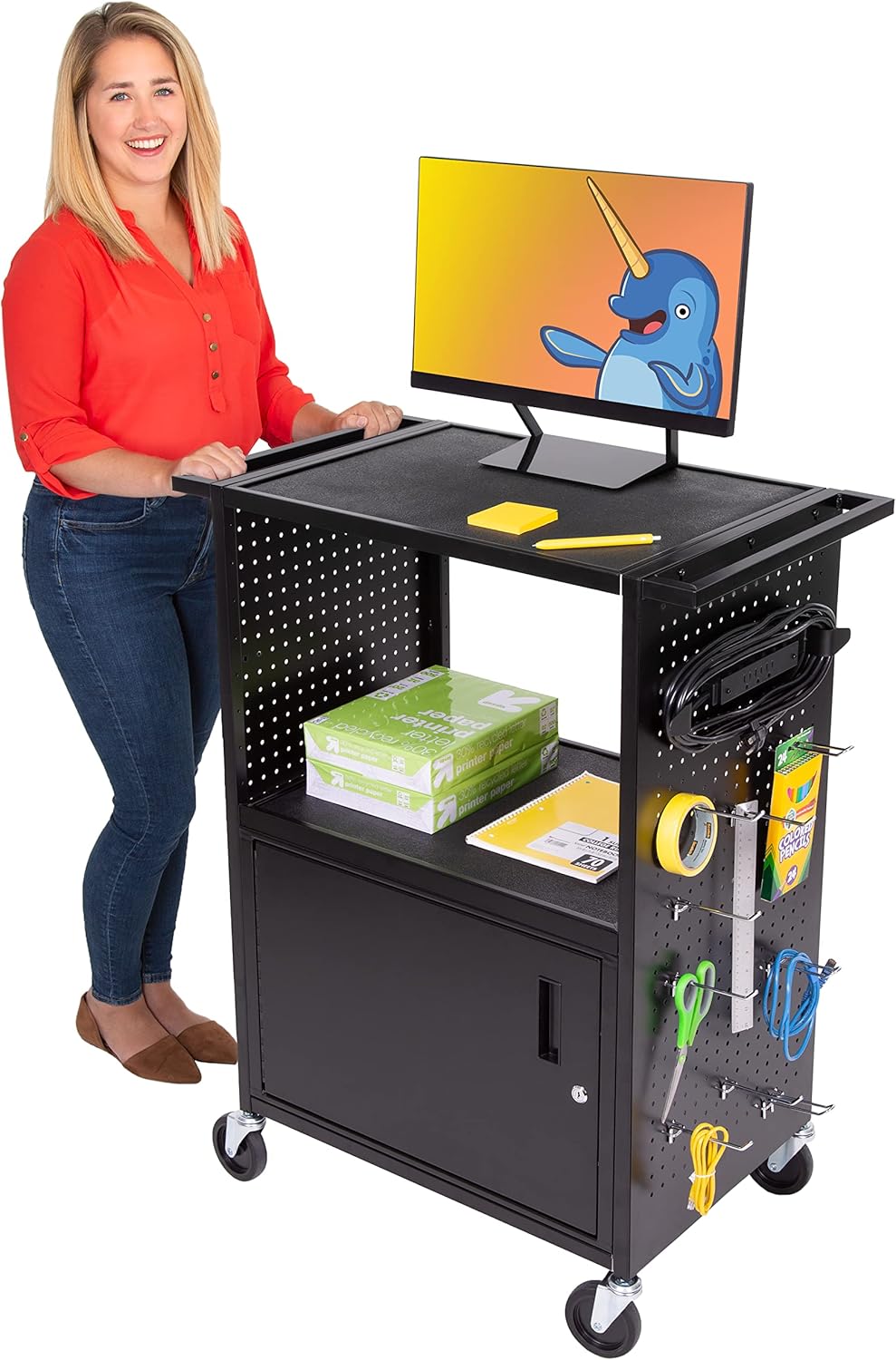 Line Leader Stellar AV Cart | Computer Cart with Pegboard Siding & 12 Hooks for Customizable Storage | Locking Cabinet & Pullout Keyboard Tray | UL Safety Certified Power Outlets | Locking Wheels