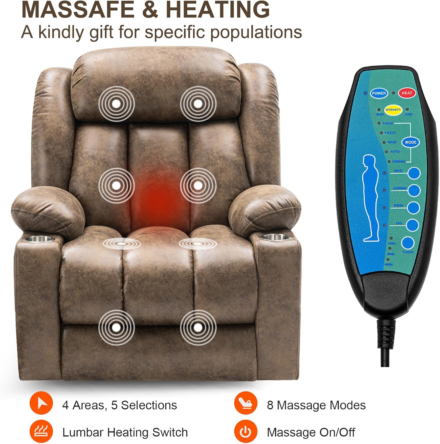 Extra Large Power Lift Chairs Recliners for Elderly with Heated and Massage, Overstuffed Lift Chairs, Breathable Leather, USB-A and USB-C, Cup Holder, Side Pocket, 1PC, Light Brown
