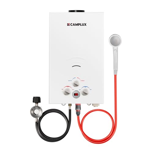 CAMPLUX 2.64 GPM Propane Portable Gas Water Heater, 68,000 BTU Outdoor Tankless Camping Water Heater with Digital Display, White