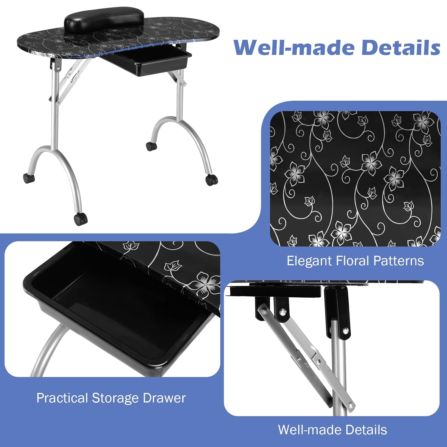 Giantex Portable Manicure Table, Foldable Nail Tech Table with Large Drawer, Wrist Rest, 4 Lockable Casters, Carrying Bag, Nail Salon Table Nail Desk Station for Technician, Black