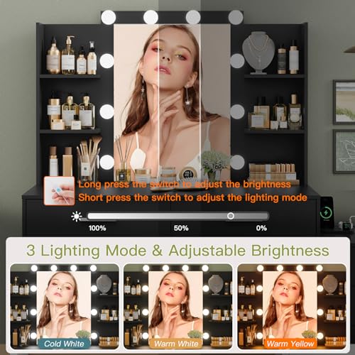 Quimoo Large Vanity Desk with LED Lighted Mirror & Power Outlet,Makeup Vanity Table with 7 Drawers,4 Shelves and 5 Hooks,Vanity Table, Vanity Desk Set for Bedroom,Bathroom,White