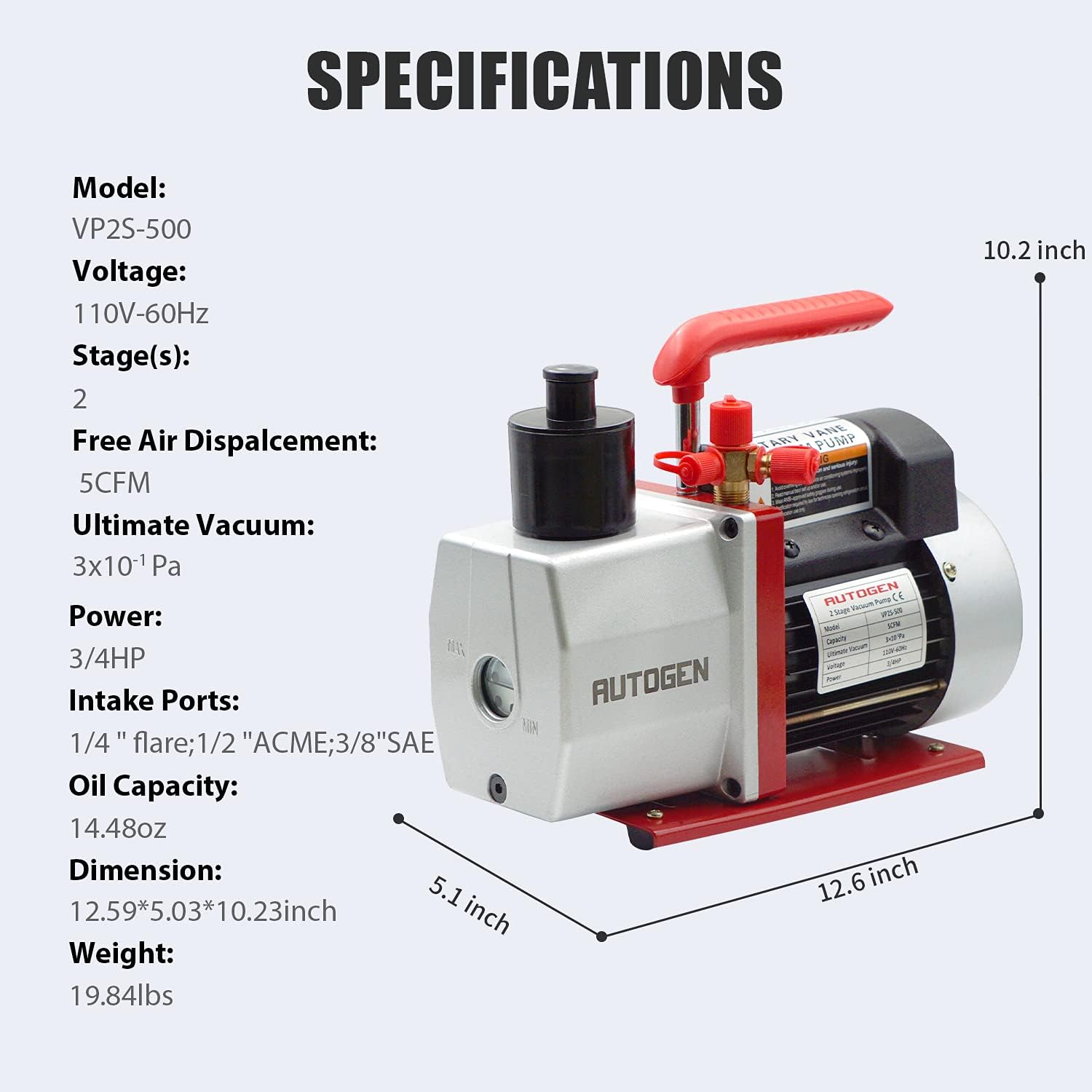 AUTOGEN 2-Stage Air Vacuum Pump 5CFM 3/4HP 0.3 Pa for HVAC/AUTO AC Refrigerant Recharging, Degassing Wine, Milking Cow, Food Processing
