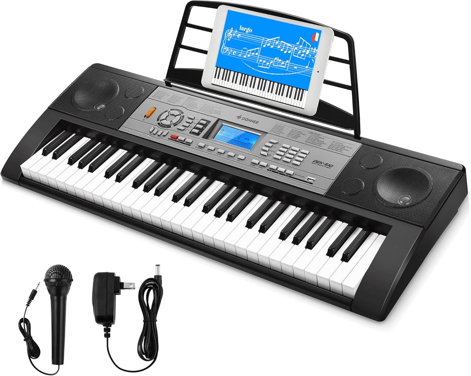 Donner Keyboard Piano, 61 Key Piano Keyboard, Full Size Electric Piano with Piano Stand, Stool, Microphone and Piano Course App, Supports MP3/USB MIDI/Audio/Microphone/Headphones/Sustain Pedal
