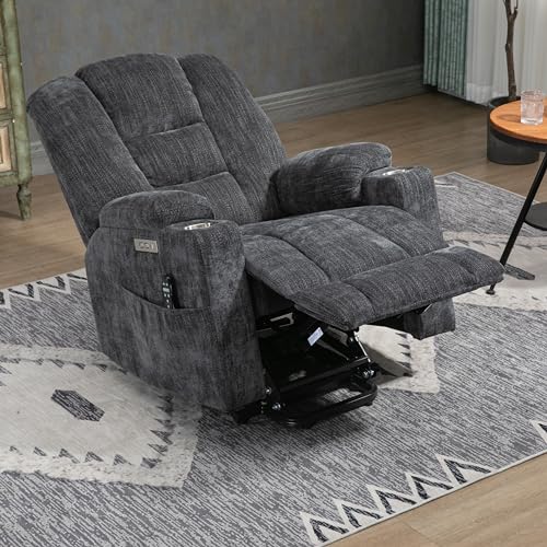 Large Power Lift Recliner Chair with Massage and Heat for Elderly Big People, Overstuffed Wide Recliners, Heavy Duty Motion Mechanism with USB and Type C Ports, 2 Steel Cup Holders, Grey