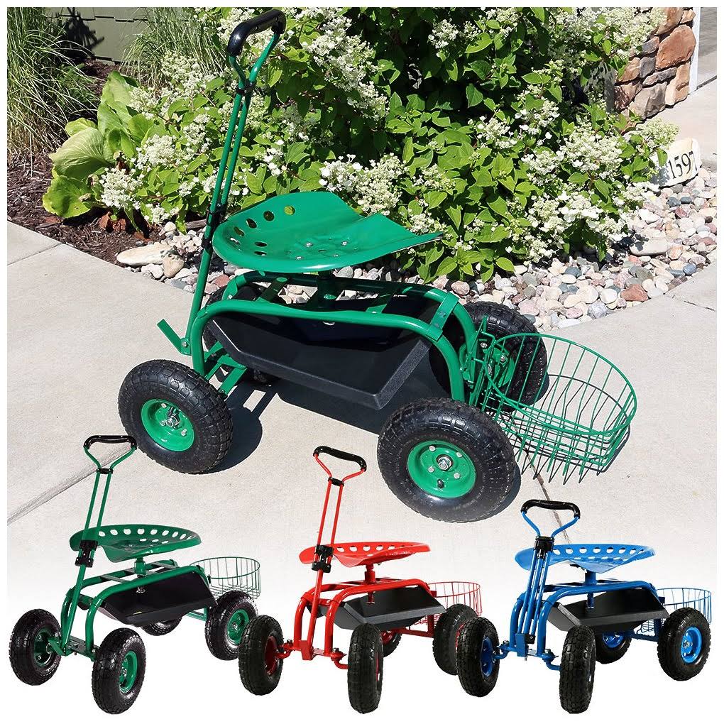 Sunnydaze Blue Rolling Garden Cart with Extendable Steering Handle, Swivel Seat