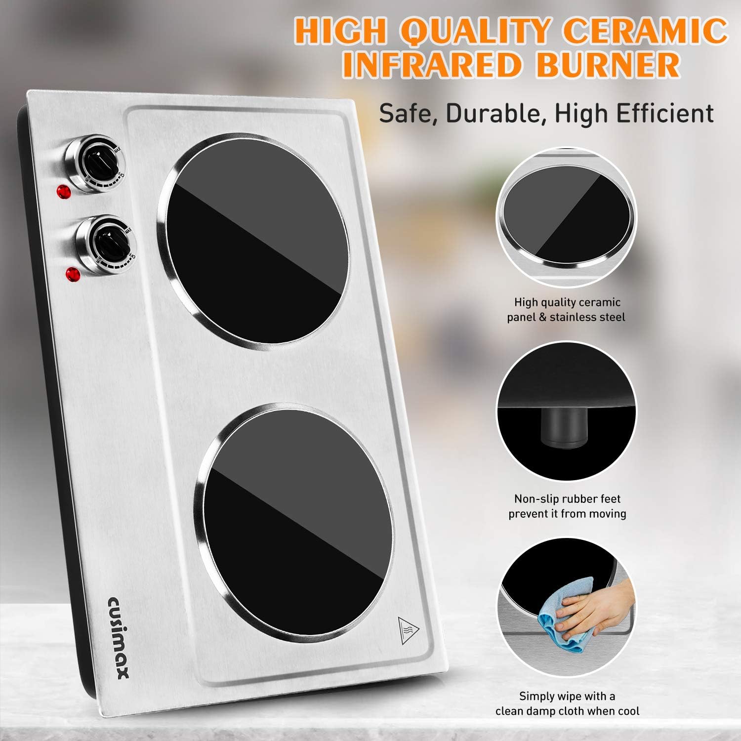 Cusimax Hot Plate Electric Burner Single Burner Cast Iron hot plates for cooking Portable Burner 1500W with Adjustable Temperature Control Stainless Steel Non-Slip Rubber Feet, Upgraded Version