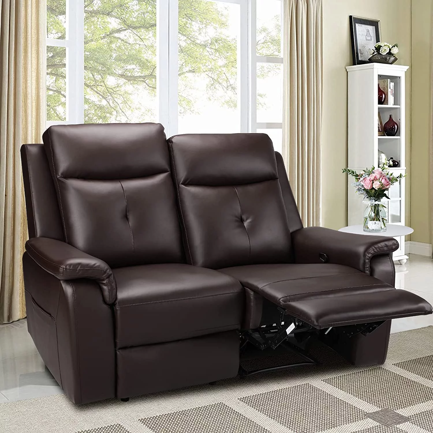 PU Leather Reclining Sofa - Manual Double Recliner Loveseat with Massage & Heating - 2-Seater Home Theater Seating for Living Room, Reading Room, Bedroom (Brown)