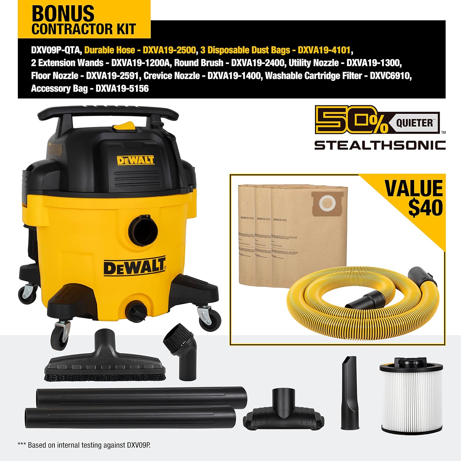 DEWALT 9 Gallon STEALTHSONIC Ultra Quiet Poly Wet/Dry Vacuum, DXV09P-QTA Newest Noise Reduction Vac, Heavy Duty Shop Vacuum for Jobsite/Workshop, Reduce Motor Noise, Yellow