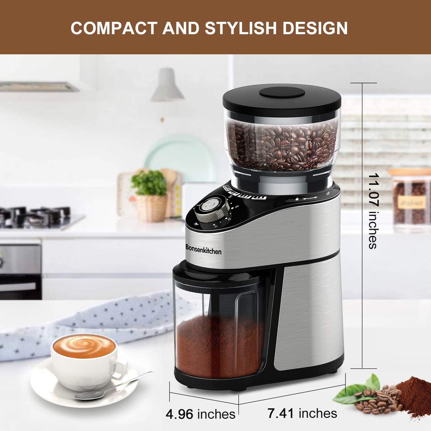 Electric Burr Coffee Grinder, Automatic Conical Burr Mill Coffee Bean Grinder with 12 Precise Grind Settings and Cup Selection, Large Capacity, Stainless Steel