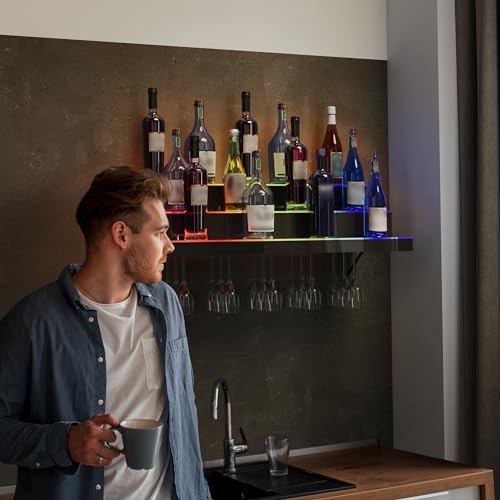 YITAHOME LED Light Liquor Bottle Display Shelf, 3-Tier 40-inch Bar Shelves for Liquor Bottles Wall Mounted Acrylic Liquor Shelf with Wine Holder Slots, Remote & App Control for Home Commercial Bar