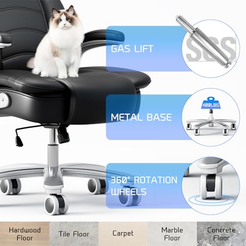 Big and Tall Office Chair 400lb Wide Seat, High Back Leather Executive Office Chair with Flip-up Arms, Ergonomic Computer Desk Chairs for Home Office, Brown