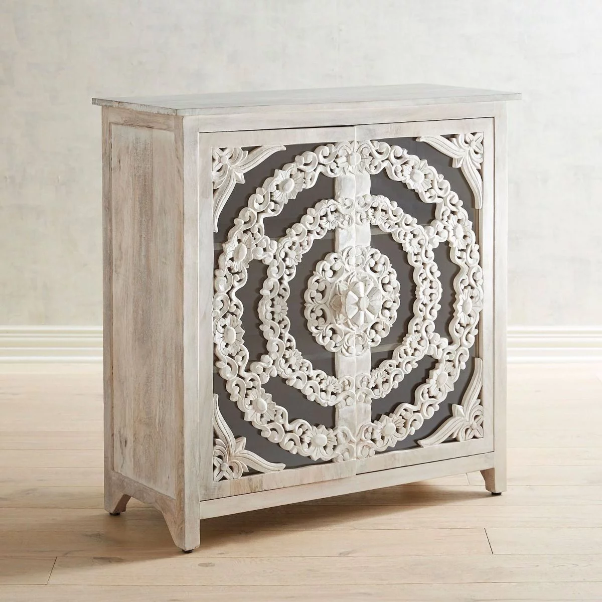 FRENCH ARCHED FLORAL CARVED GLASS DOOR SIDEBOARD