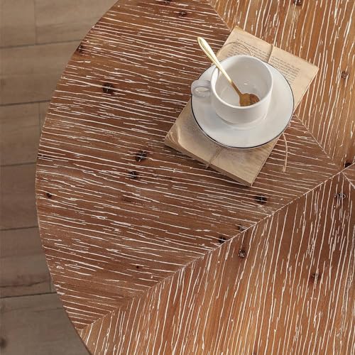 Antique Round Coffee Table Solid Wood Coffee Table, 31.29 inch Farmhouse Coffee Table with Cross Metal Base, Modern Cocktail Table Center Table for Living Room Coffee Table, Natural & Gold