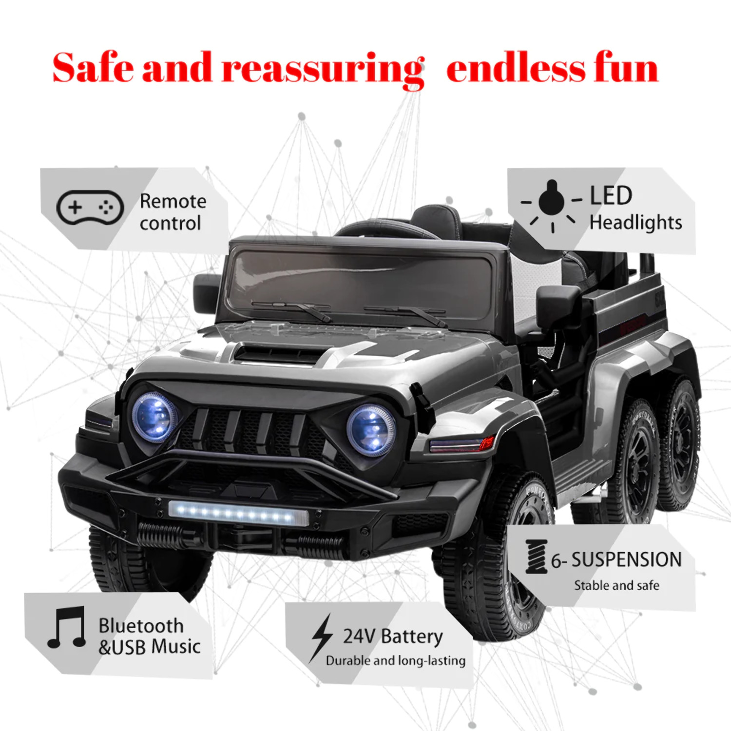 Electric 6-Wheel 24V Kids Ride On Car Truck with MP3, USB, LED Lights, and Remote Control