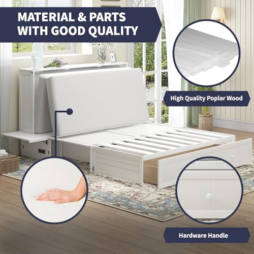 Murphy Cabinet Chest Bed, Elegant Queen Size Wall Bed with Charging Station, Storage Drawer, Solid Wood Frame and Folding Mattress, Ideal for Small Space and guest room -B (Burnt Orange)