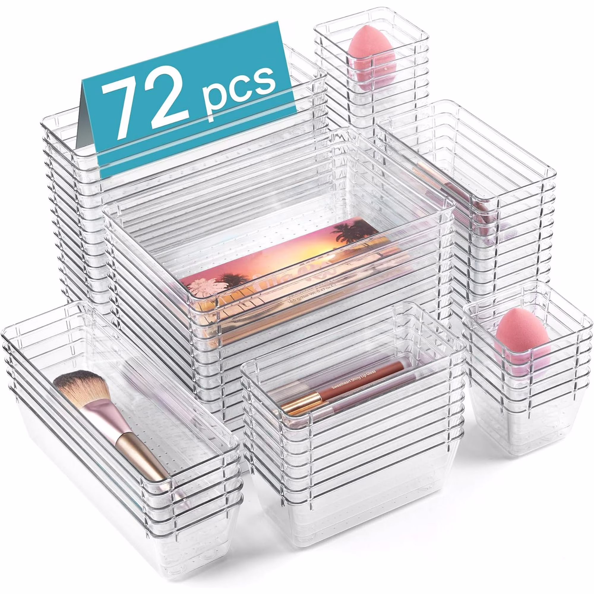 Hltsor 72 PCS Plastic Drawer Organizers Set  4-Size Versatile Bathroom and Vanity Organizer Trays  Non-Slip Storage Bins for Makeup  Jewelries  Kitchen Utensils and Office Desk  Pink