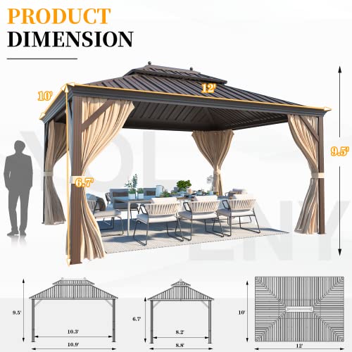 YOLENY 10' x 12' Hardtop Gazebo, Wood-Looking Gazebo with Galvanized Steel Double Roof, Aluminum Frame, Permanent Metal Pavilion with Netting and Curtains for Deck, Backyard, Patio and Lawns