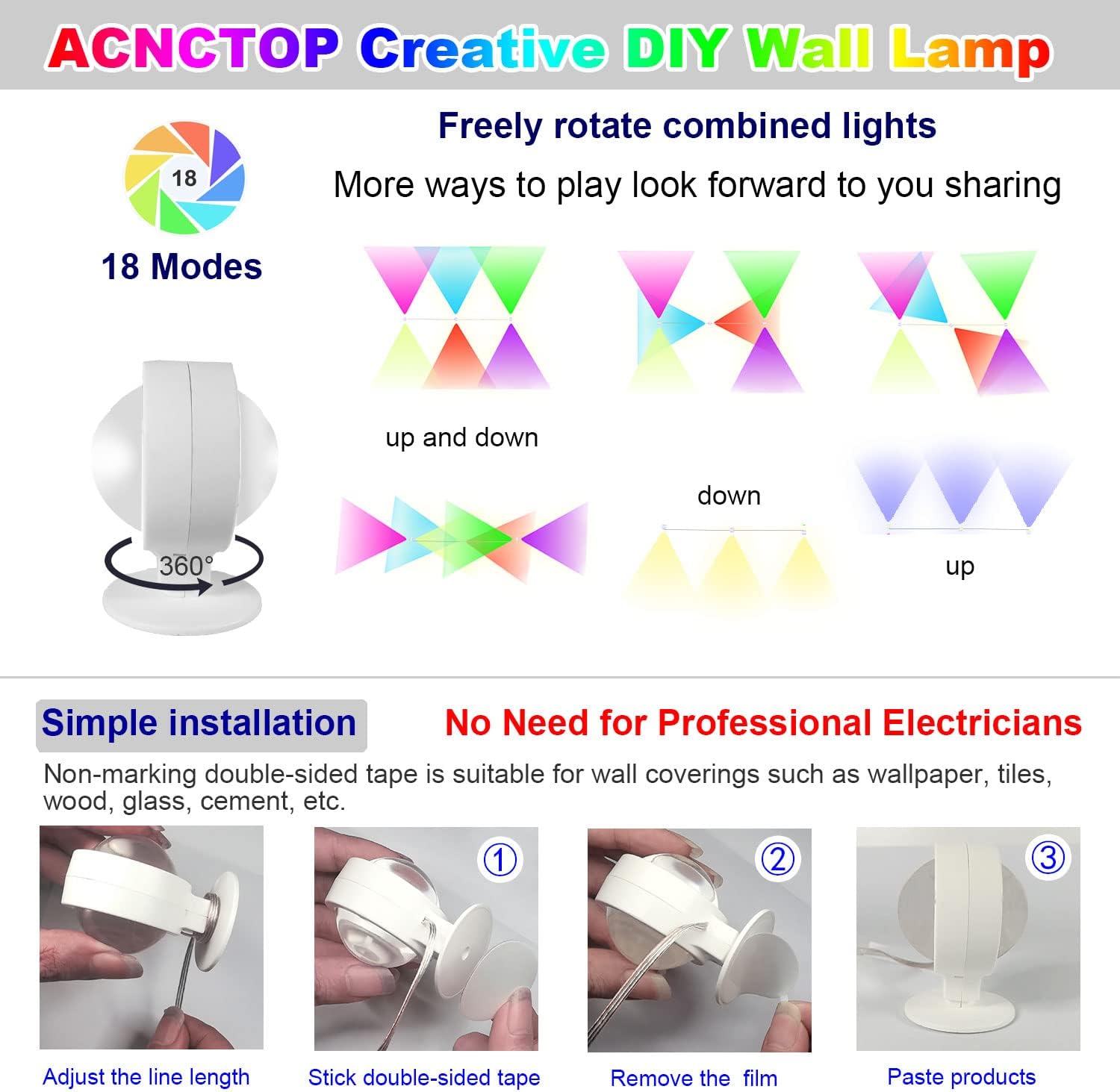 ACNCTOP Novelty Ambient and Mood Lighting 360&deg; Rotating DIY Wall Art Decor RGB Bar LED Wall Light for Bedroom,Living Room,Room,Hallway,Stair,Modern Home Decoration