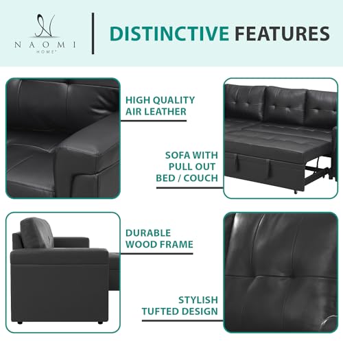 Naomi Home Jenny Sectional Sofa Sleeper with Storage Chaise, Tufted Pull Out Couch with Storage, L-Shaped Reversible Sleeper Sofa with Storage, Black,Air Leather