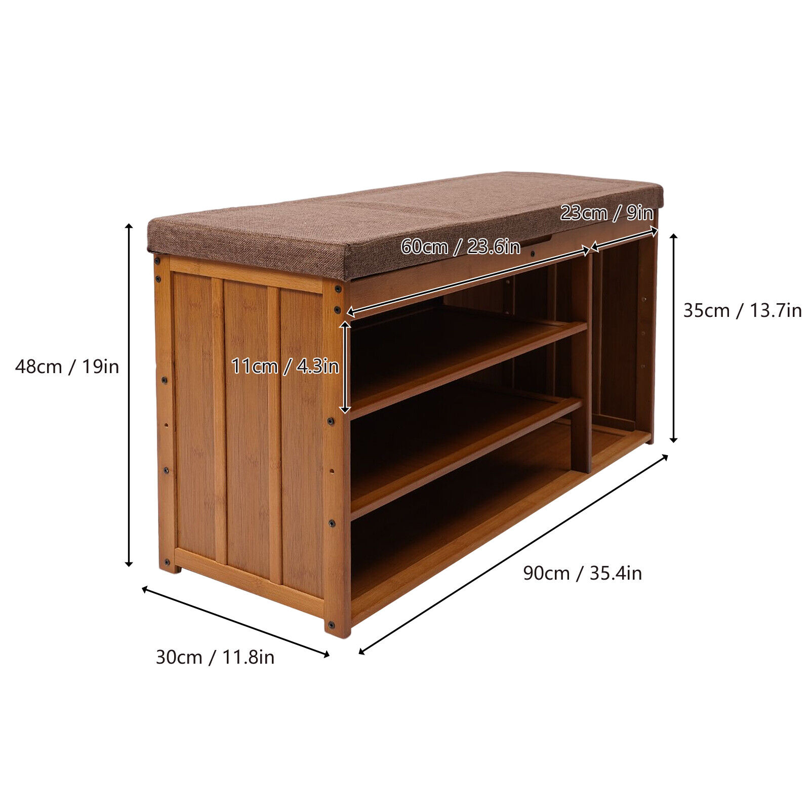 3 Tier Brown Shoe Bench Bamboo Shoe Rack Storage Cabinet Organizer W/Cushion for Entryway Bedroom